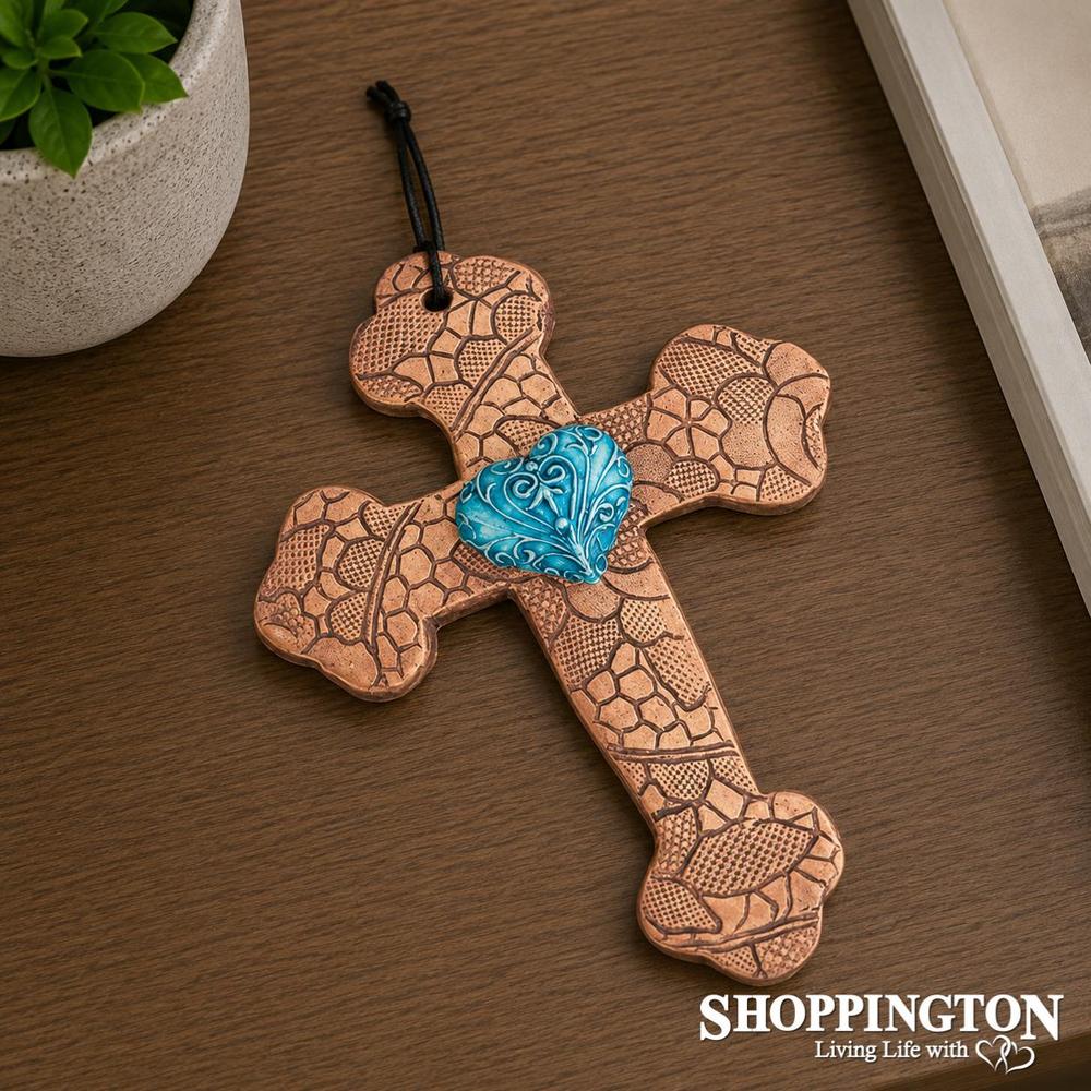 100% NZ Made Pottery / Turquoise Filigree Heart Budded Cross