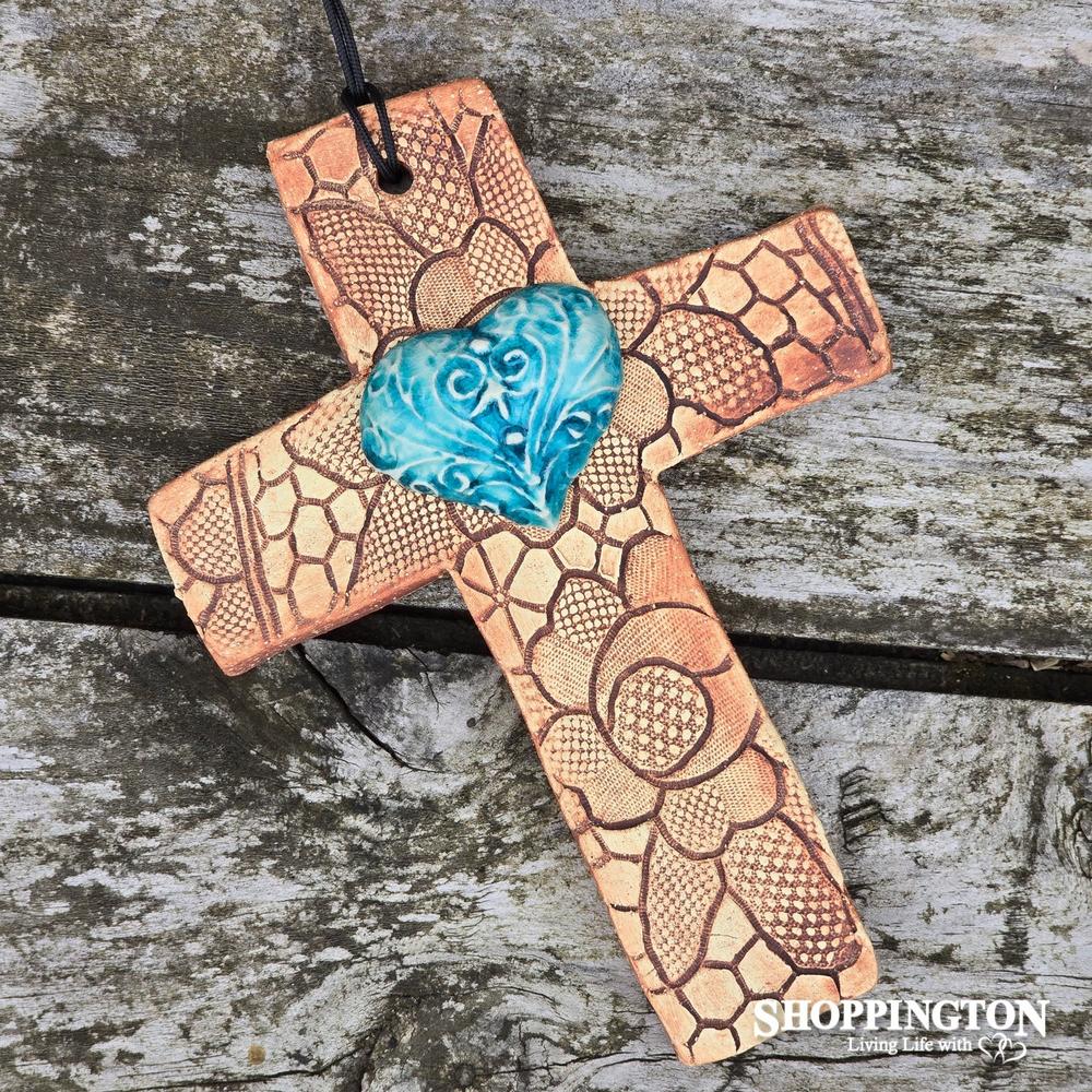 100% NZ Made Pottery / Turquoise Filigree Heart Cross