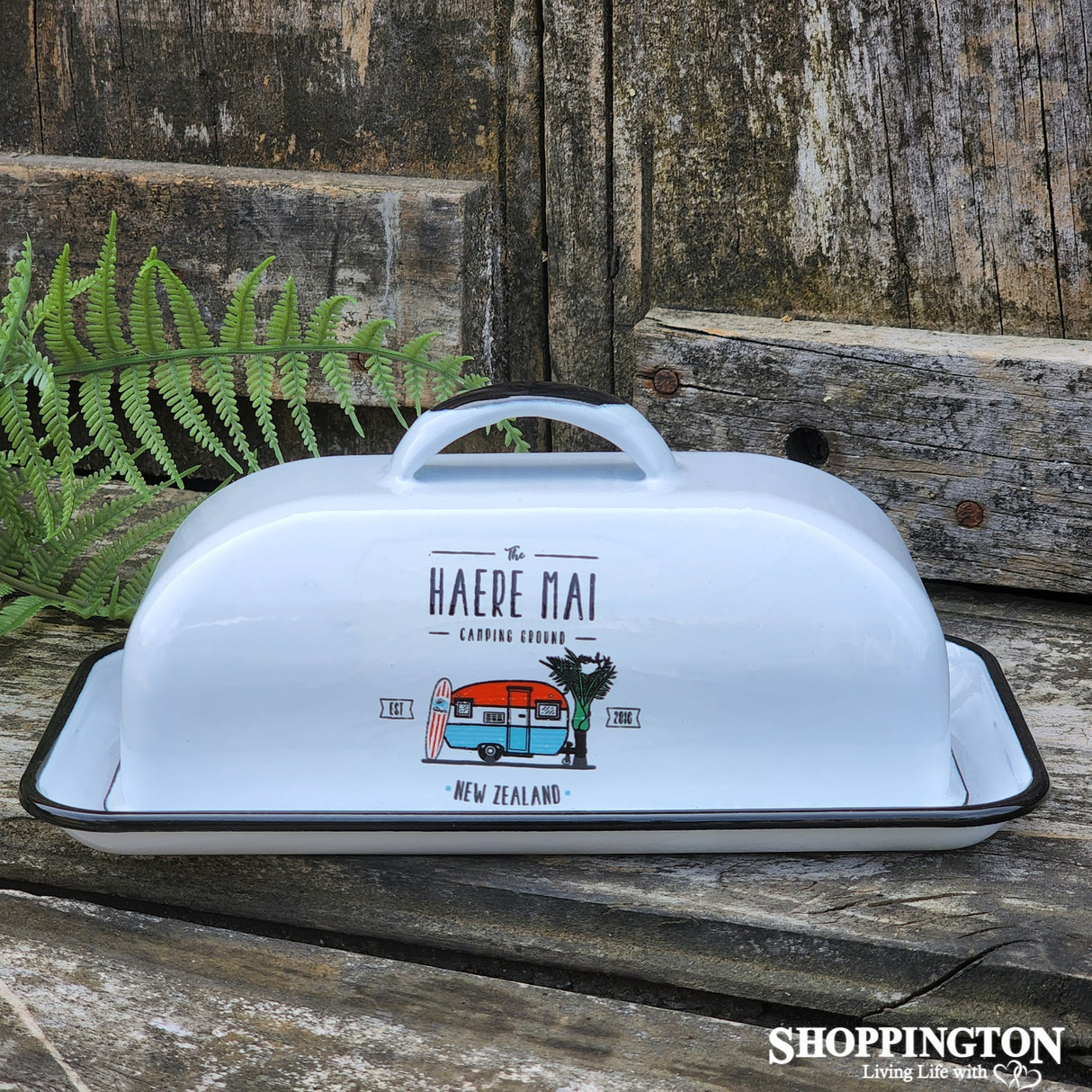 Moana Road Enamel Butter Dish - Haere Mai White