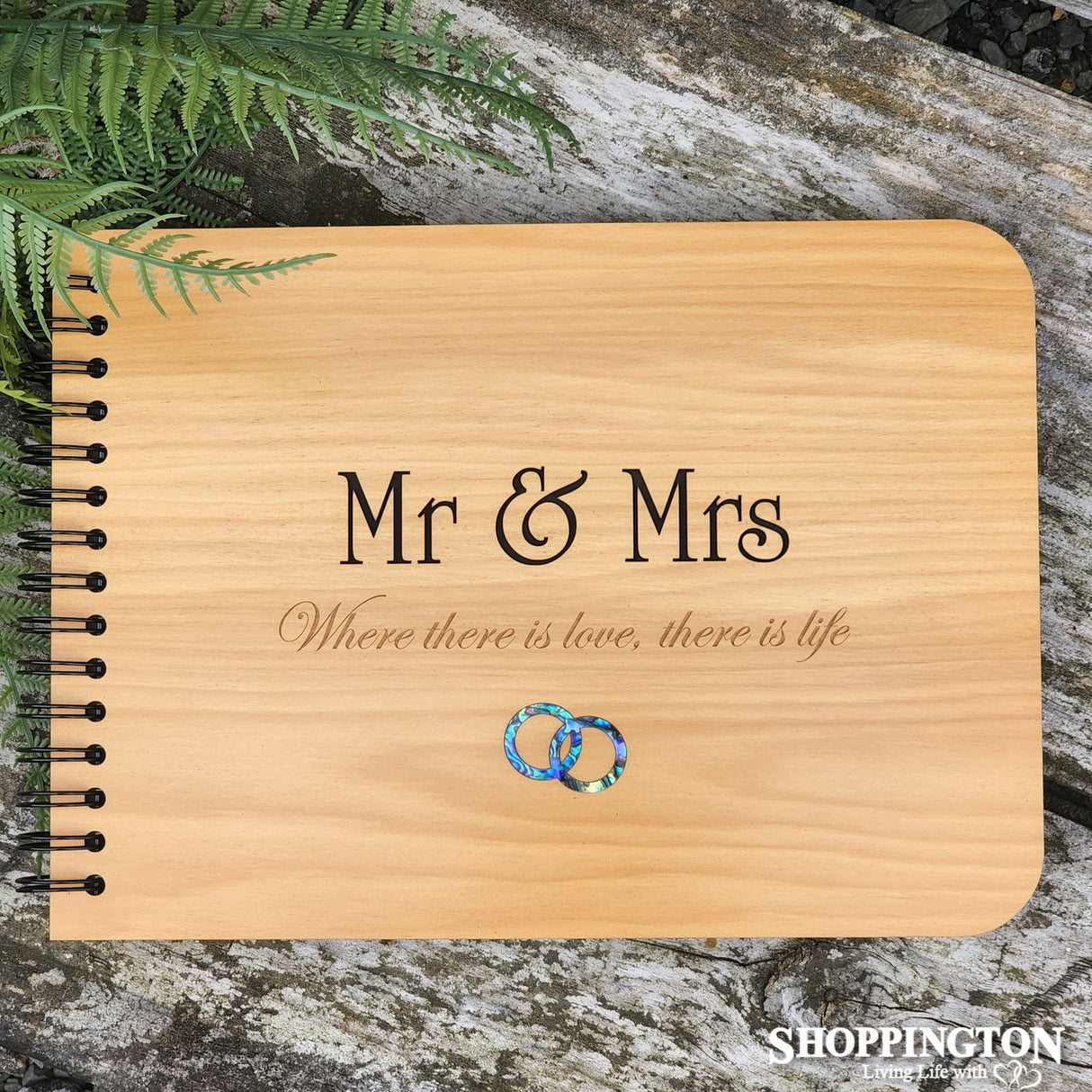NZ Made Wooden Photo Album / Mr & Mrs/ Paua Rings