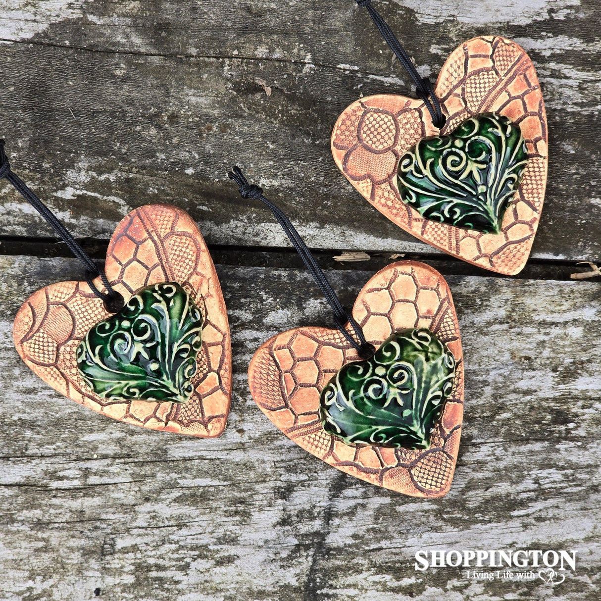 100% NZ Made Pottery / Green Filigree Heart Small