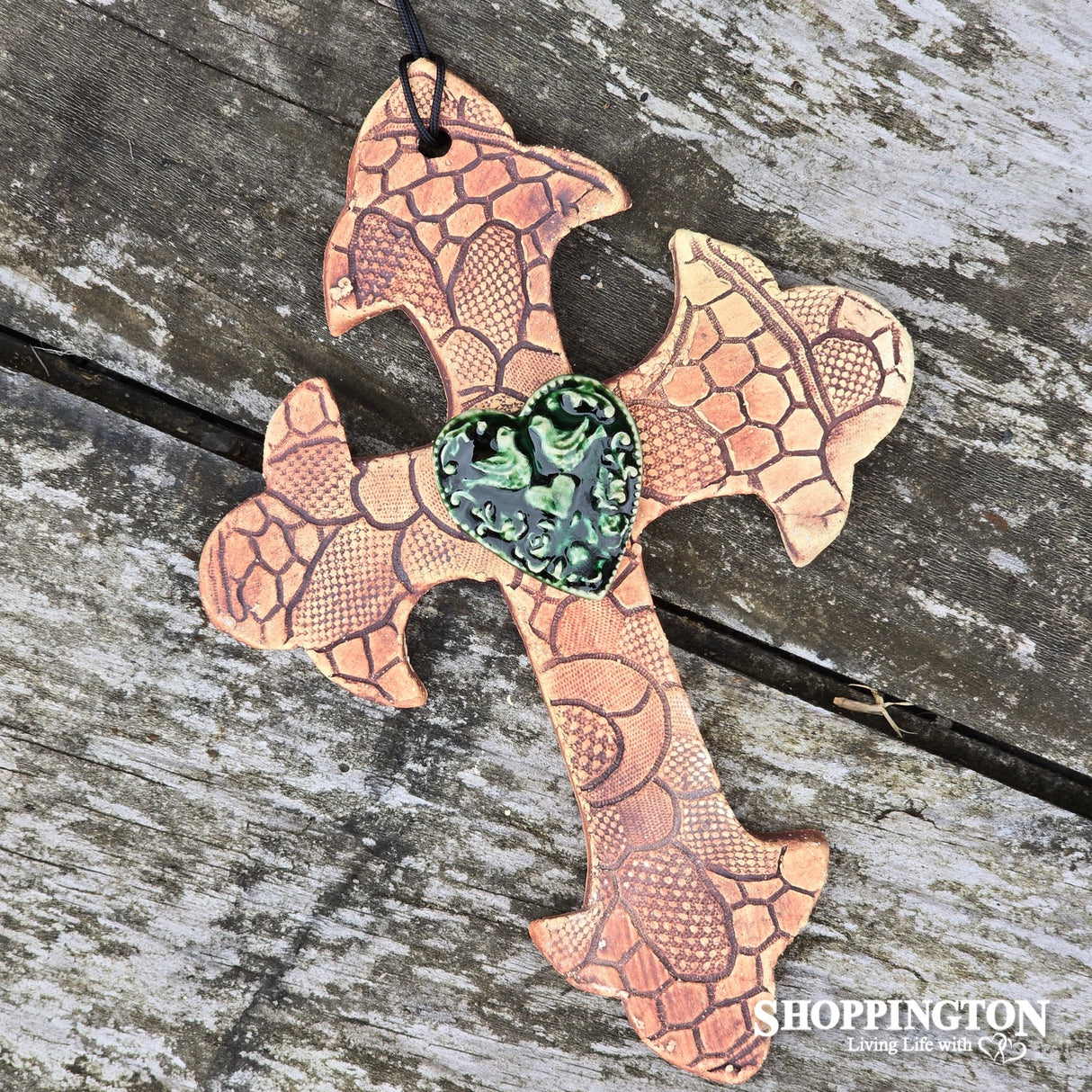 100% NZ Made Pottery / Green Bird Heart Budded Cross