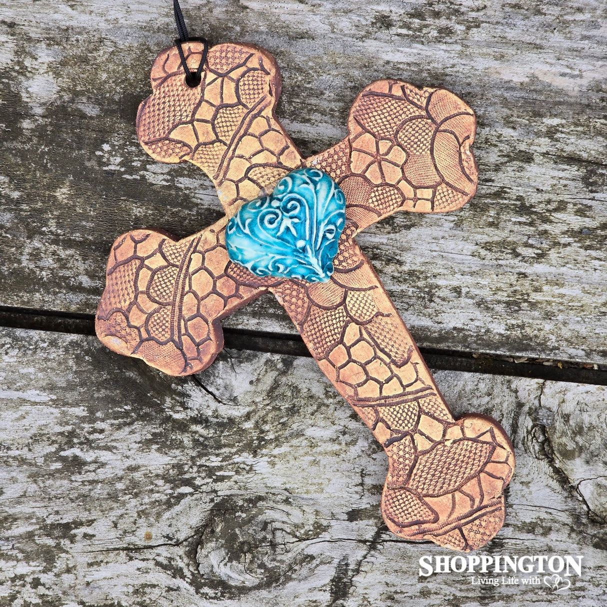 100% NZ Made Pottery / Turquoise Filigree Heart Budded Cross