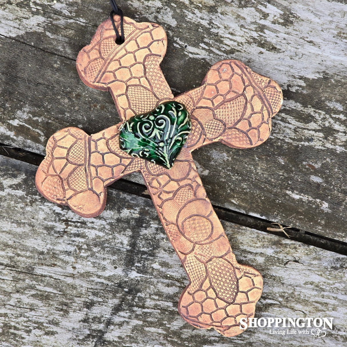 100% NZ Made Pottery / Green Filigree Heart Budded Cross