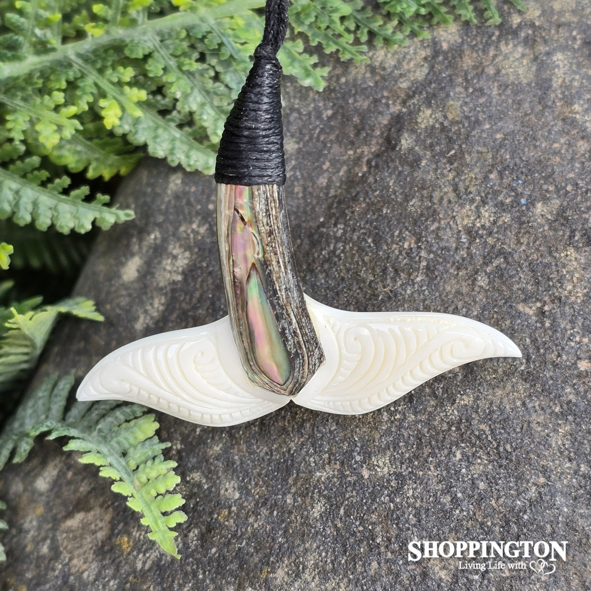 Bone & Paua Carved Whale Tail Pendant