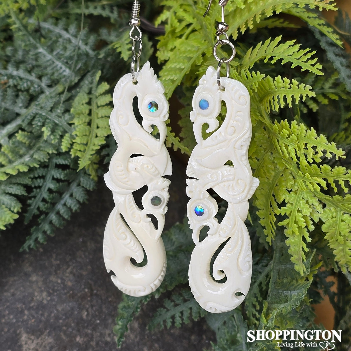 Bone Earrings - Double Manaia & Paua