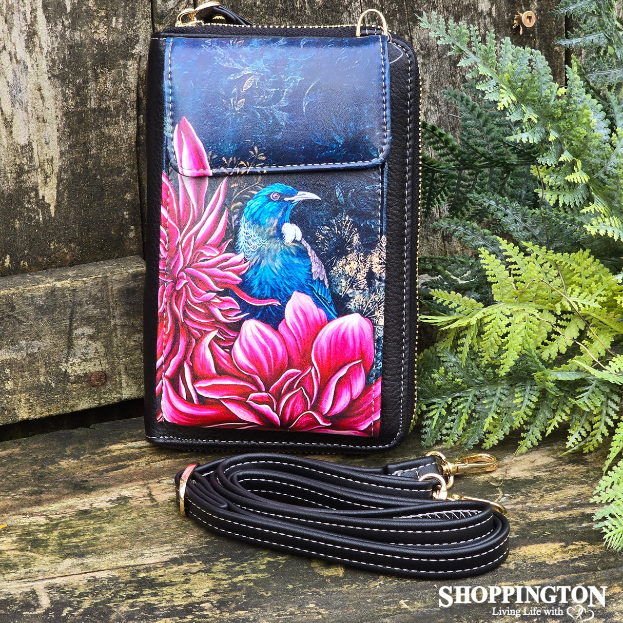 Leather NZ Print Cellphone Shoulder Bag - Tui In Dahlia's - Anita Madhav
