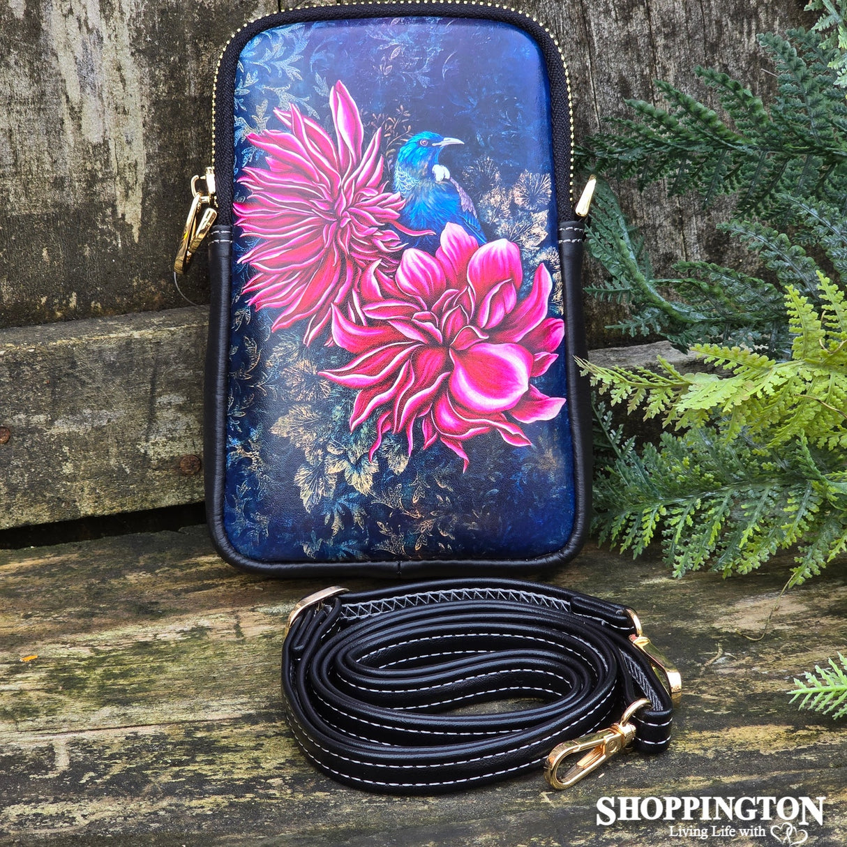 Leather NZ Print Shoulder/Cellphone Bag - Tui In Dahlia's - Anita Madhav