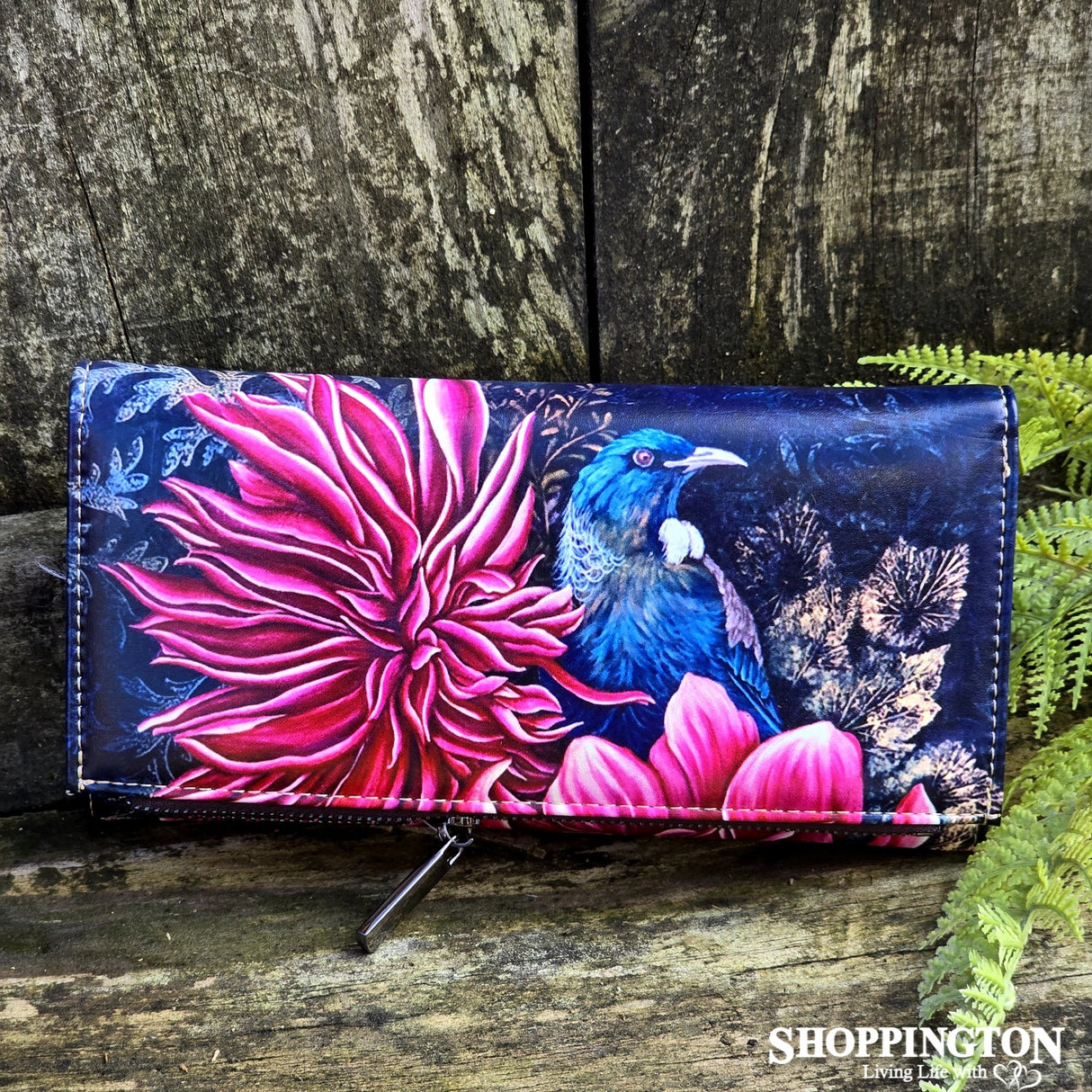 Leather NZ Print Wallet - Tui In Dahlia's - Anita Madhav