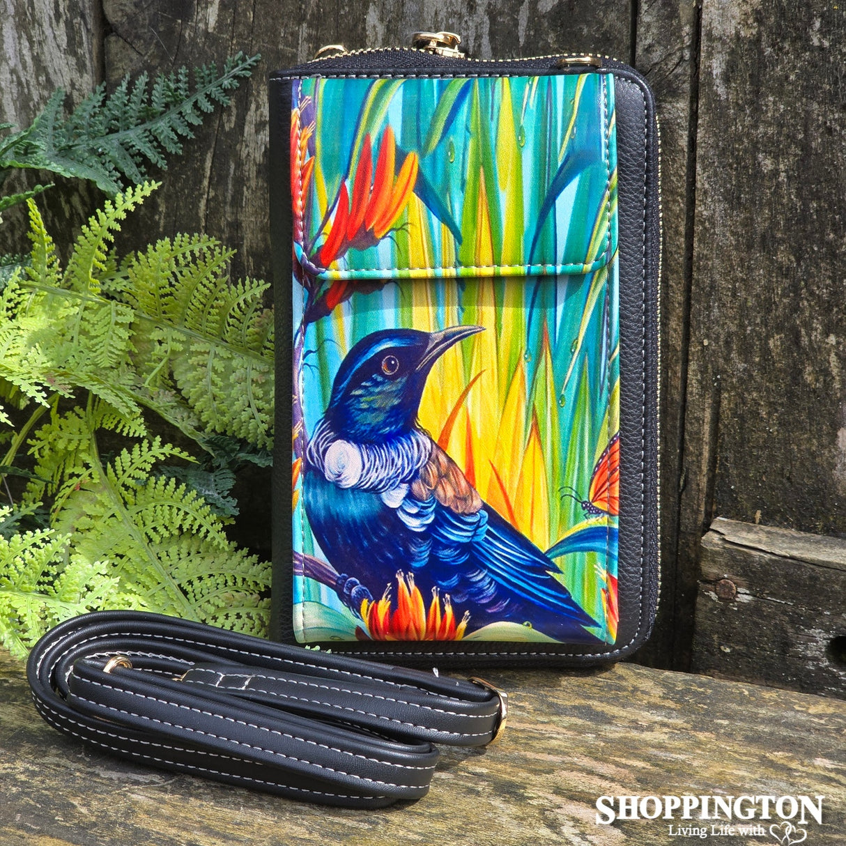 Leather NZ Print Cellphone Shoulder Bag - Tui - Irina Velman”