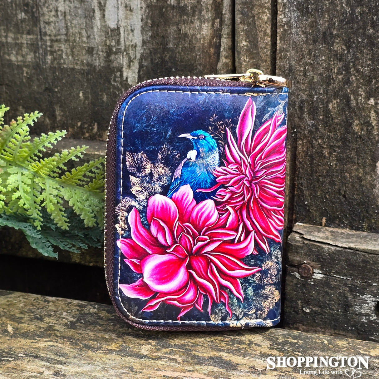 Leather NZ Print Card Wallet NZ -  Tui In Dahlia's - Anita Madhav
