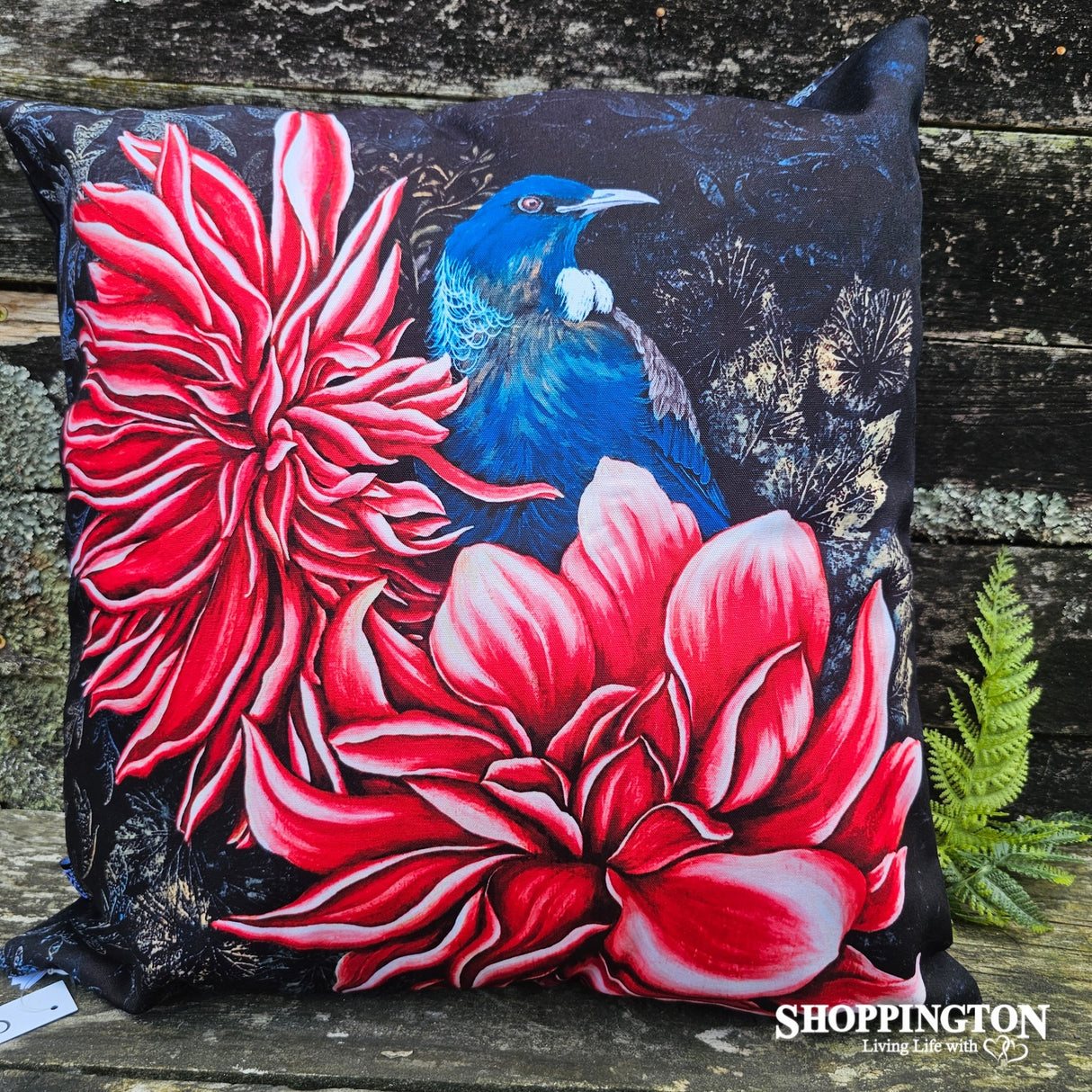 Cushion - NZ Print - Tui in the Dahlias - Anita Madhav