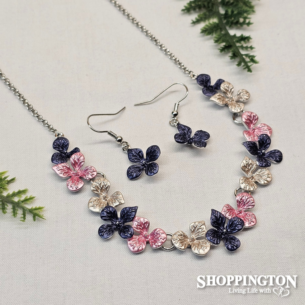 Necklace and Earrings - Navy/Lavender Flowers Rhodium