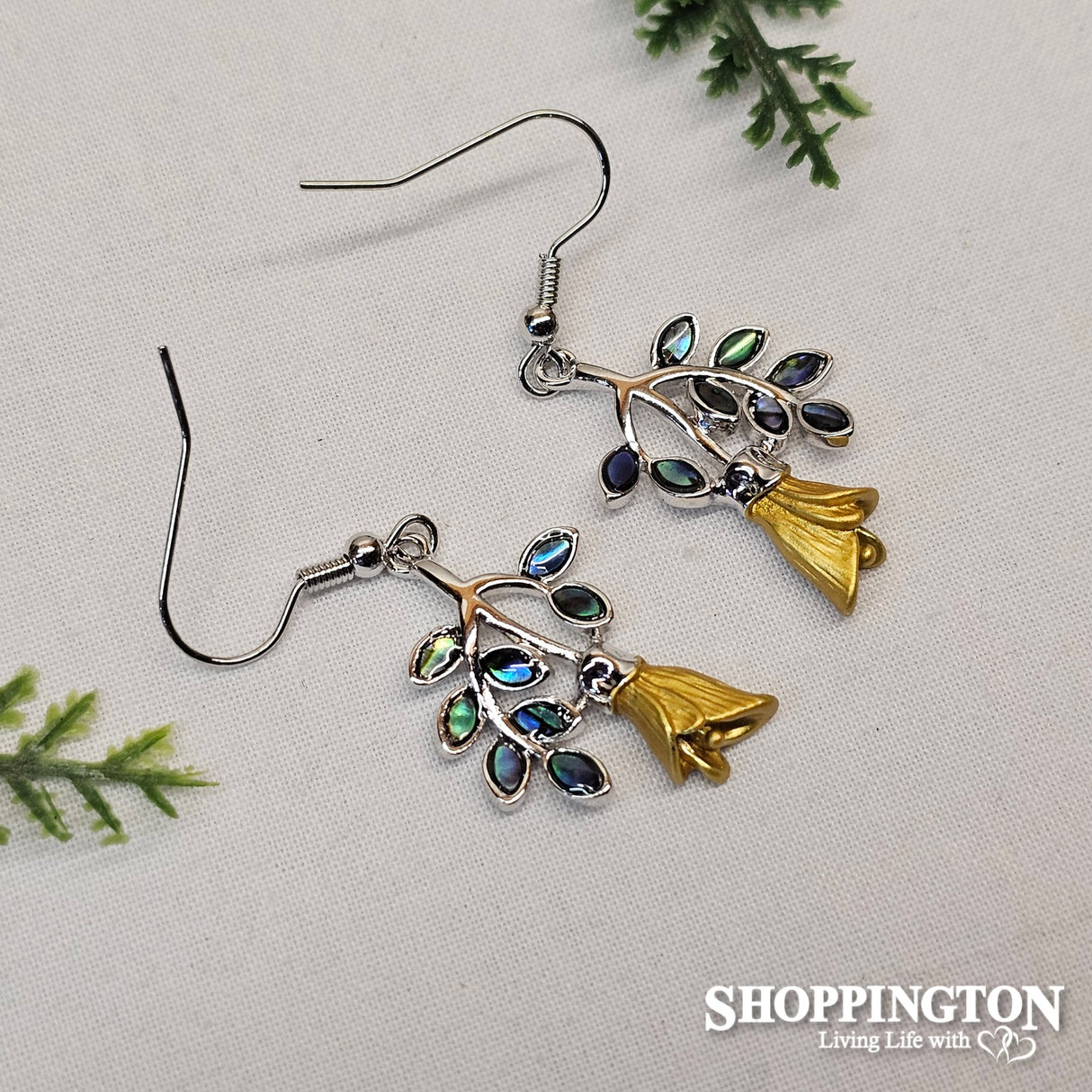 Earrings - Kowhai & Paua Leaves