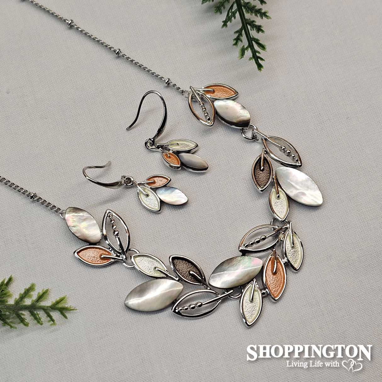 Necklace and Earrings - MOP / Silver & Apricot Leaves