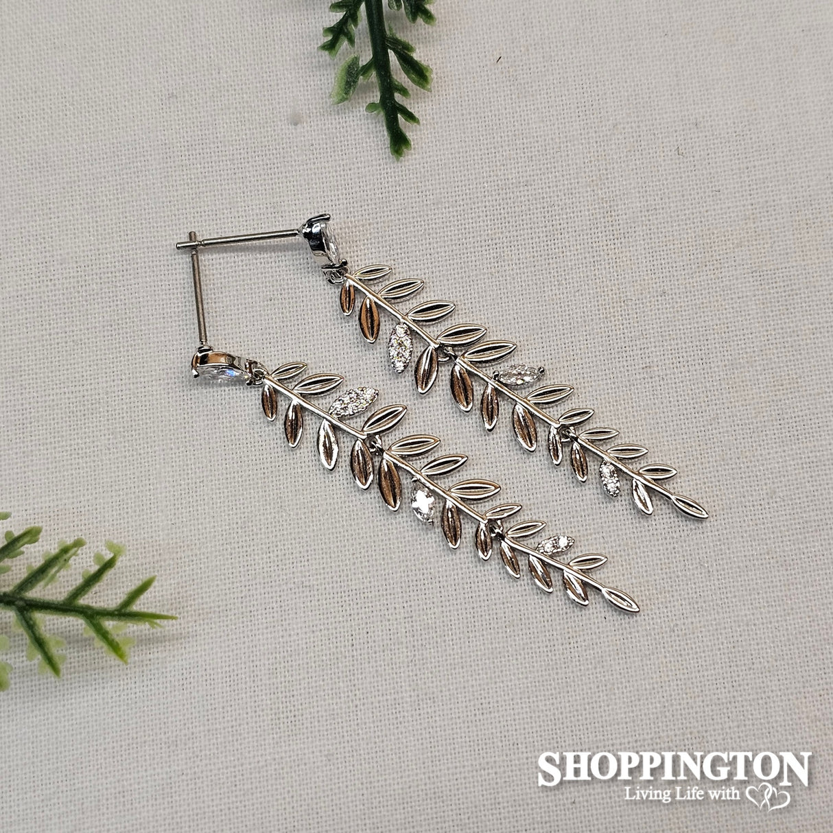 Earrings - Silver & Diamante Leaf Stem