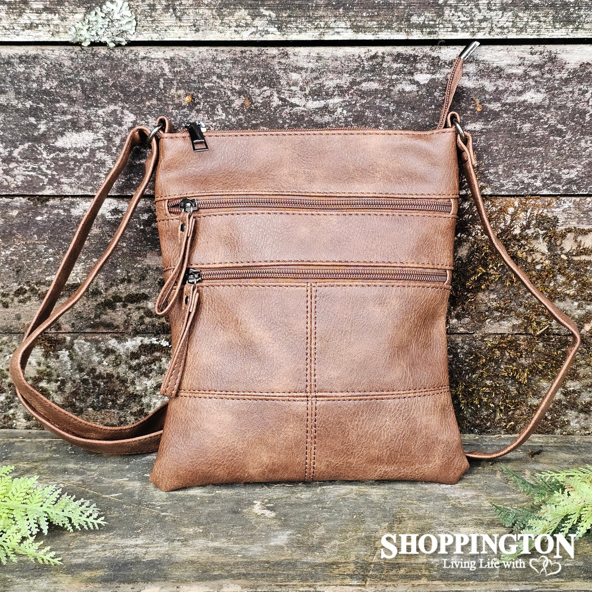 Crossbody Handbag Double Zip Detail Brown