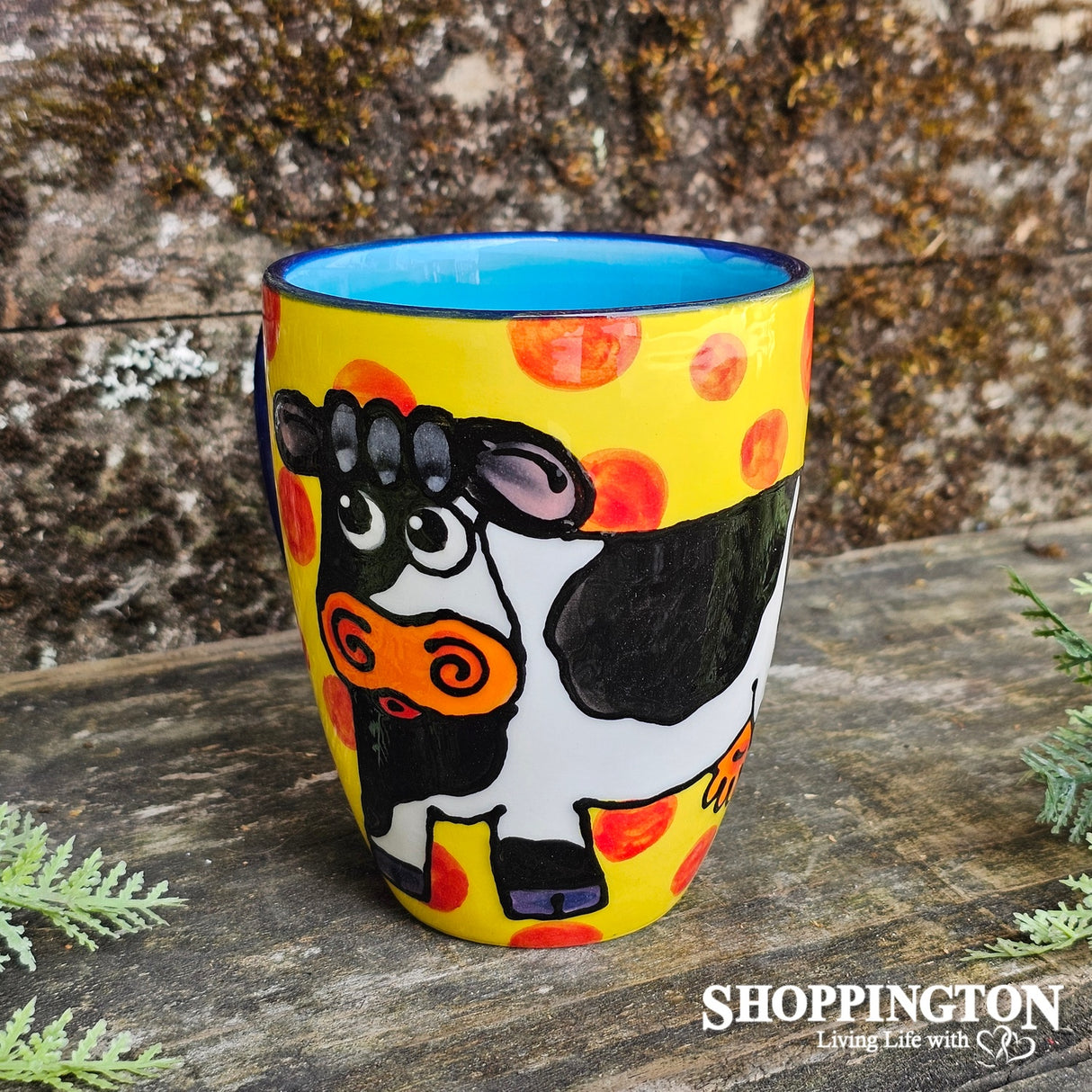 NZ Made Hand Painted - Cow Red Dot Yellow Blokes Mug
