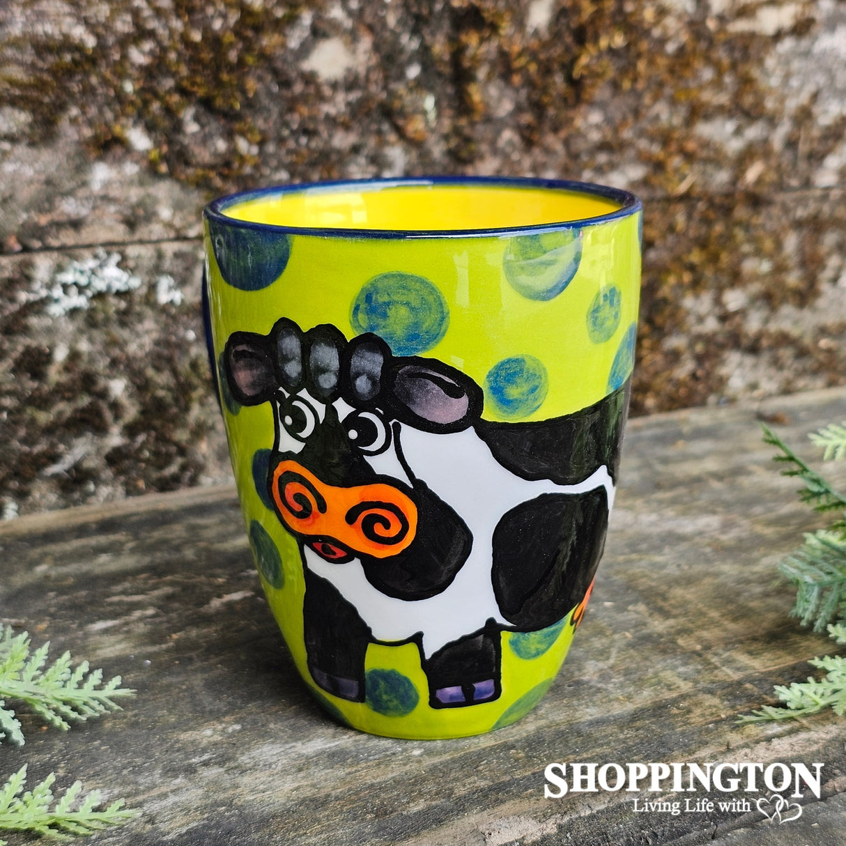 NZ Made Hand Painted - Cow Blue Dot Green Blokes Mug