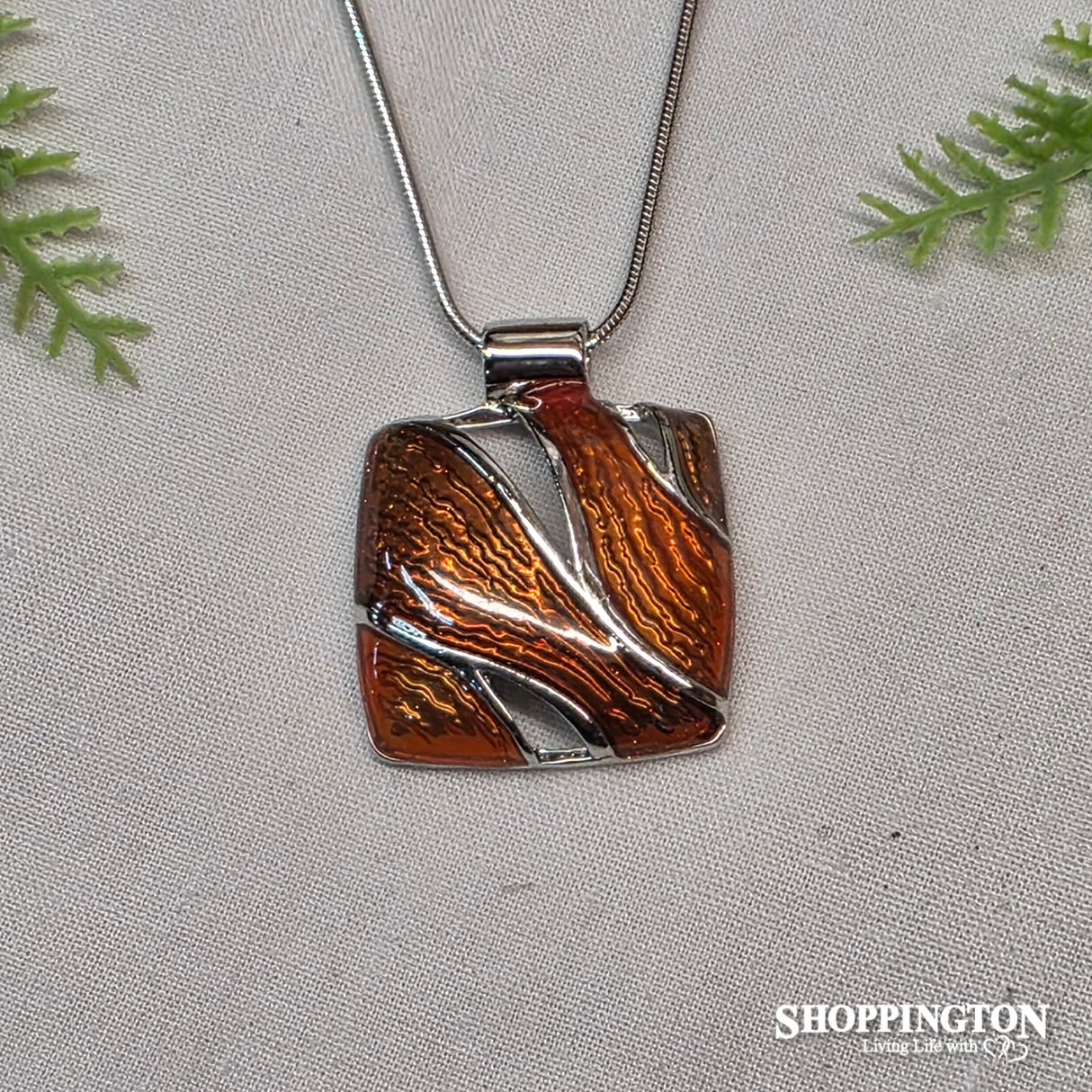 Necklace - Orange Enamel Wave Square