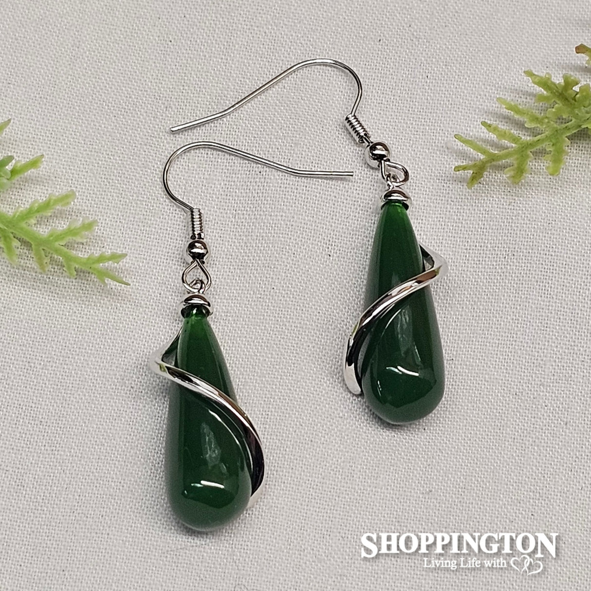 Earrings - Green Drop Silver Twist