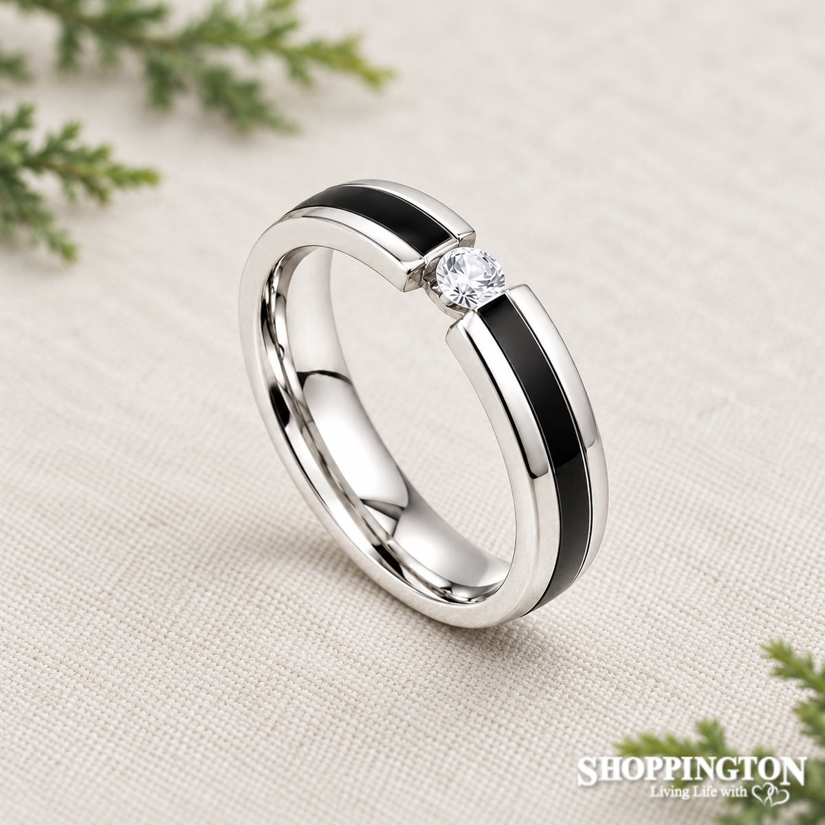 Ring - Black Enamel & Diamante Stainless Stiil