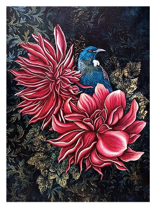 NZ Print Tea Towel - Tui in the Dahlias - Anita Madhav