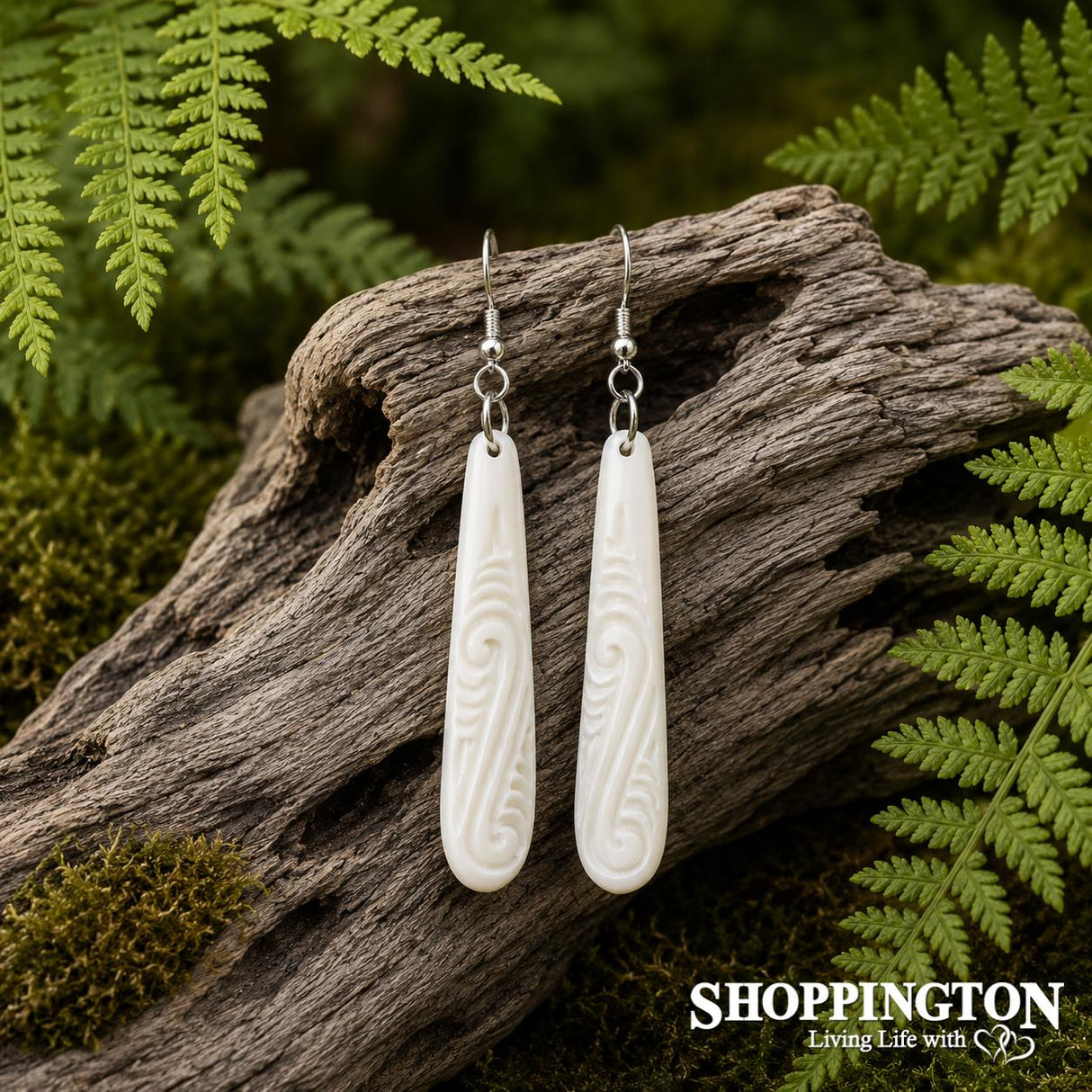 Bone Carving Earrings - Koru Frond