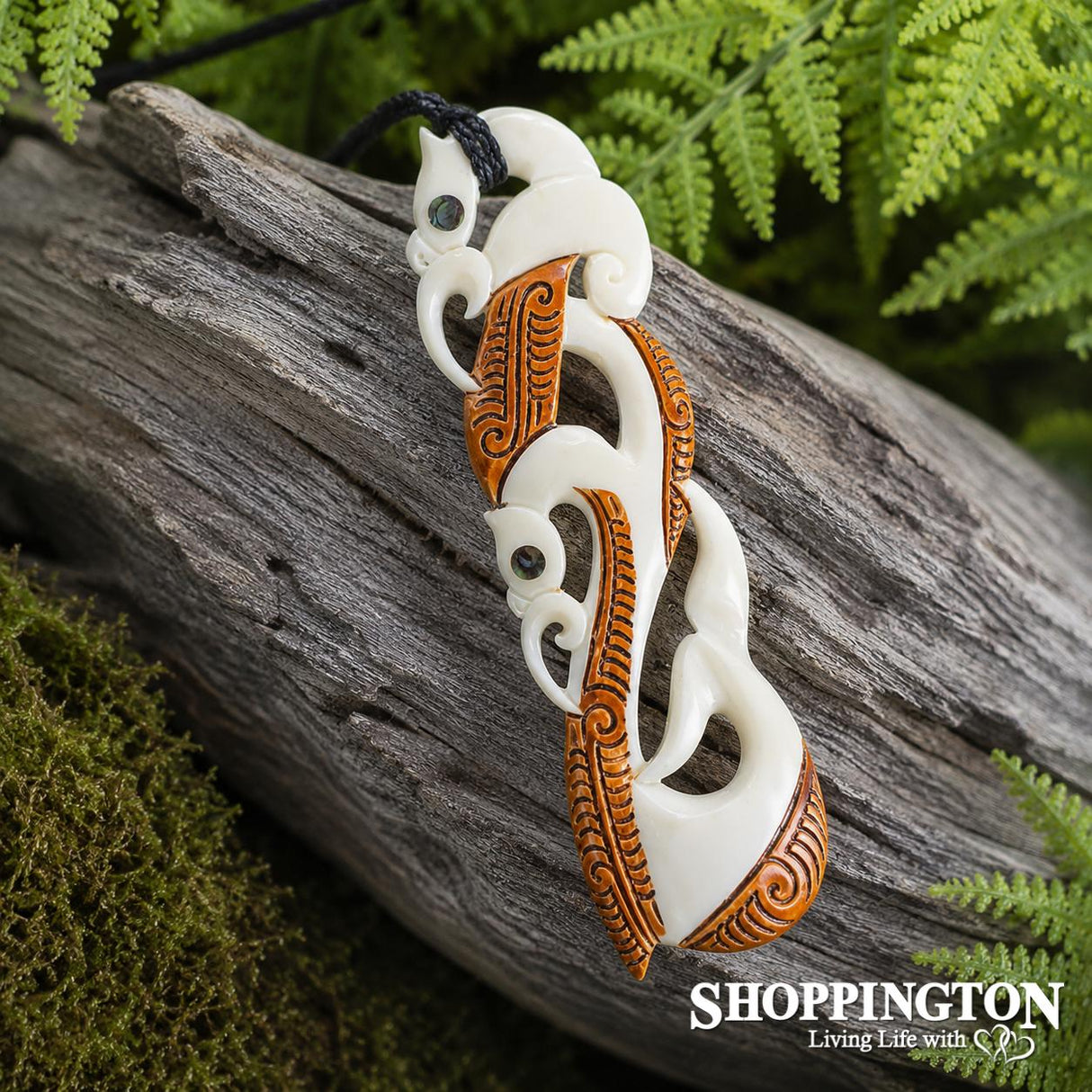 Bone and Wood Stain Toki with Double Manaia - Pendant