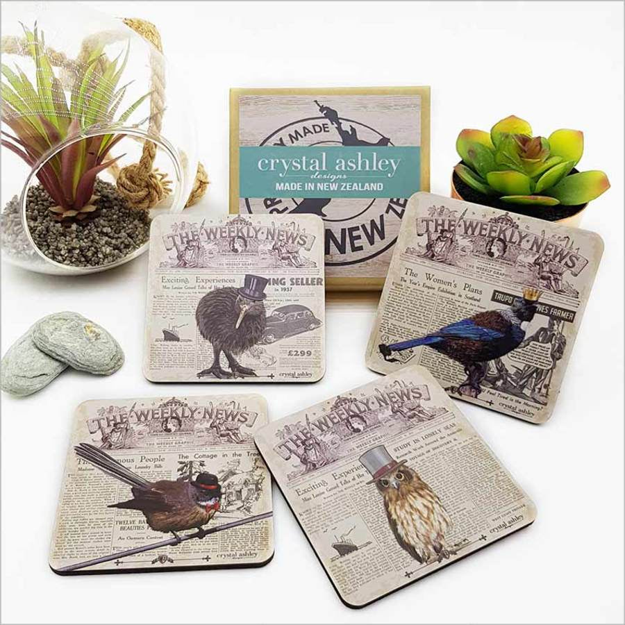 NZ Made Coaster Set:  NZ Vintage Birds
