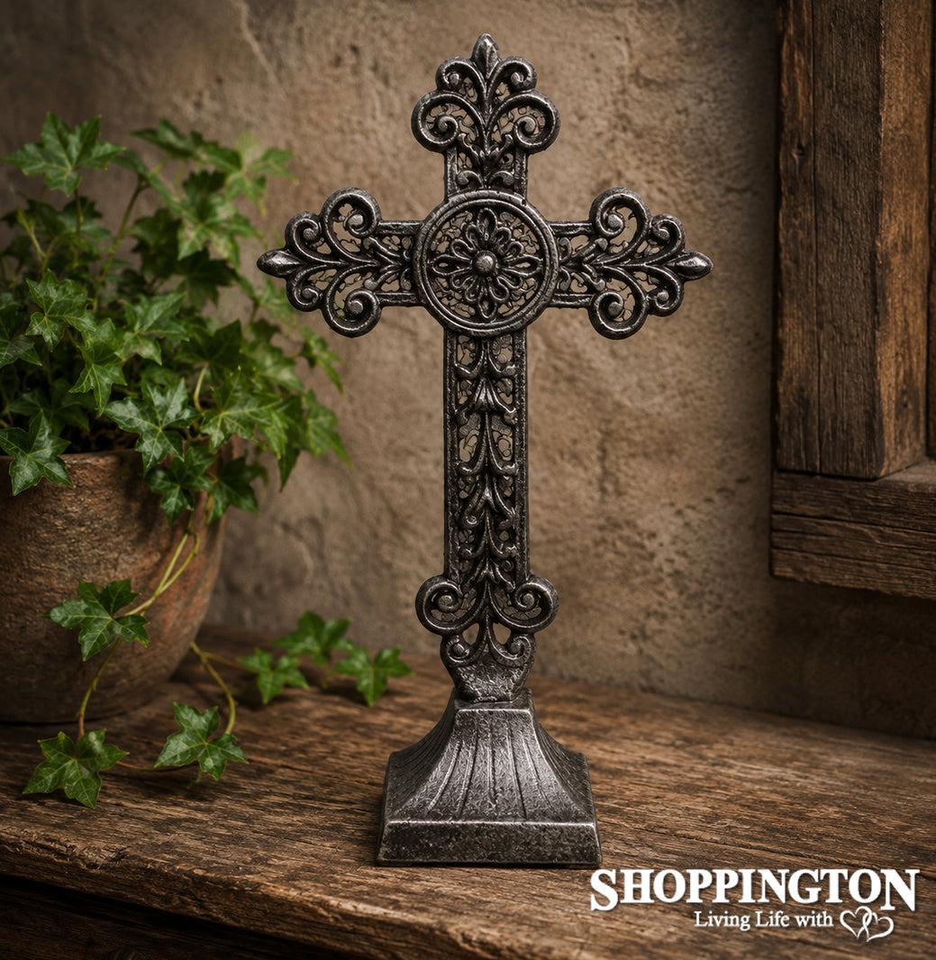 Cast Iron Cross on Stand - Silver Fleur