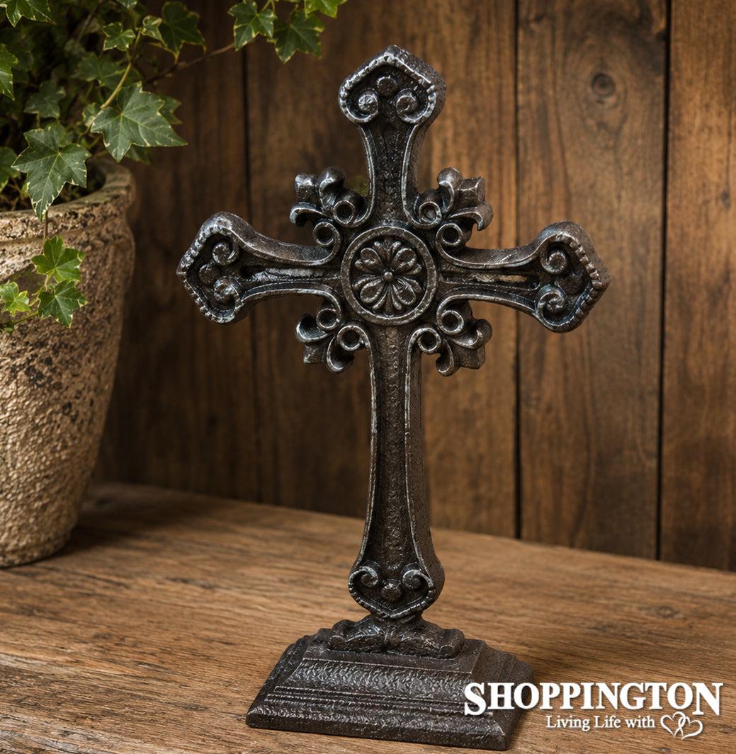 Cast Iron Cross on Stand - Silver
