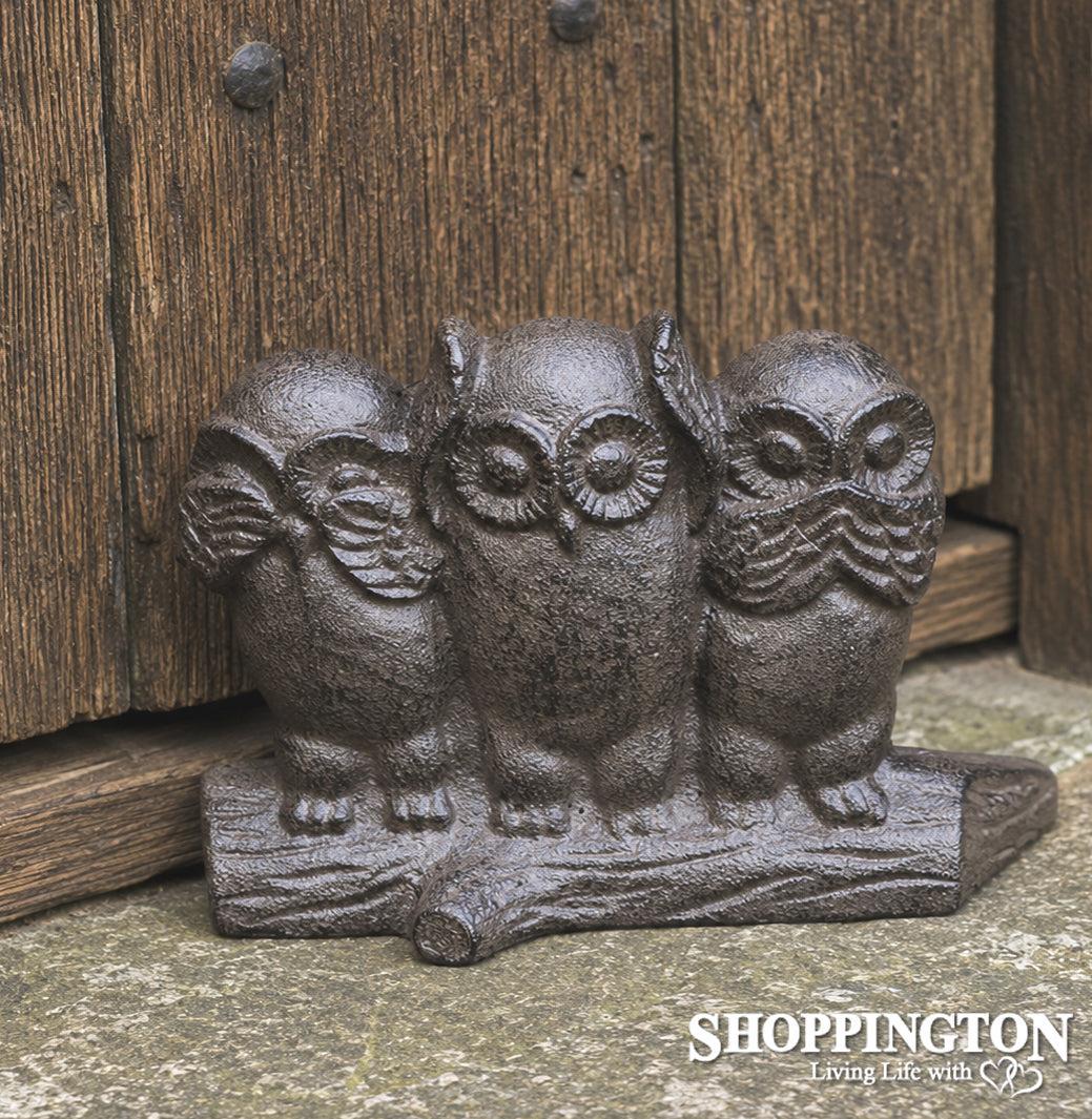 Cast Iron Door Stop - Hear No See No Speak No Evil Owl