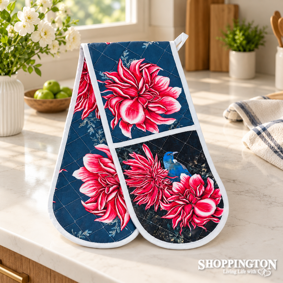 NZ Print Double Oven Mitt - Tui In Dahlia - Anita Madhav