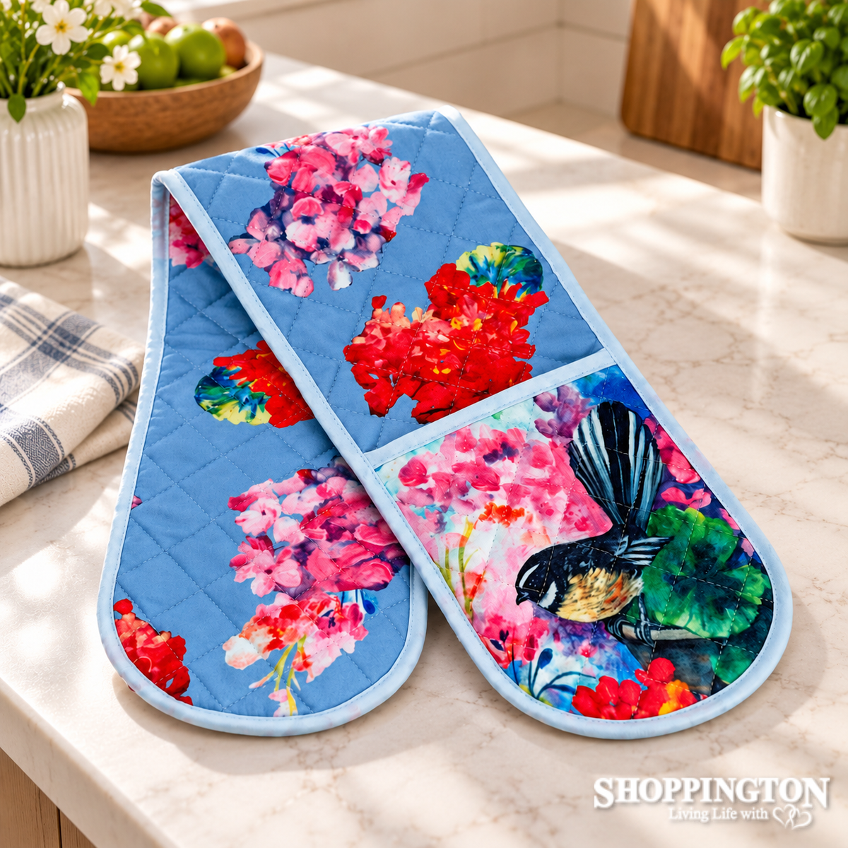 NZ Print Double Oven Mitt -Fantail Floral - Irina Velman