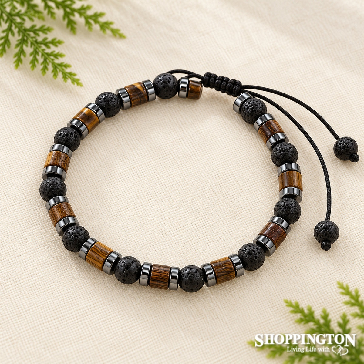 Bracelet - Sandalwood, Volcanic Rock & Hematite Bead