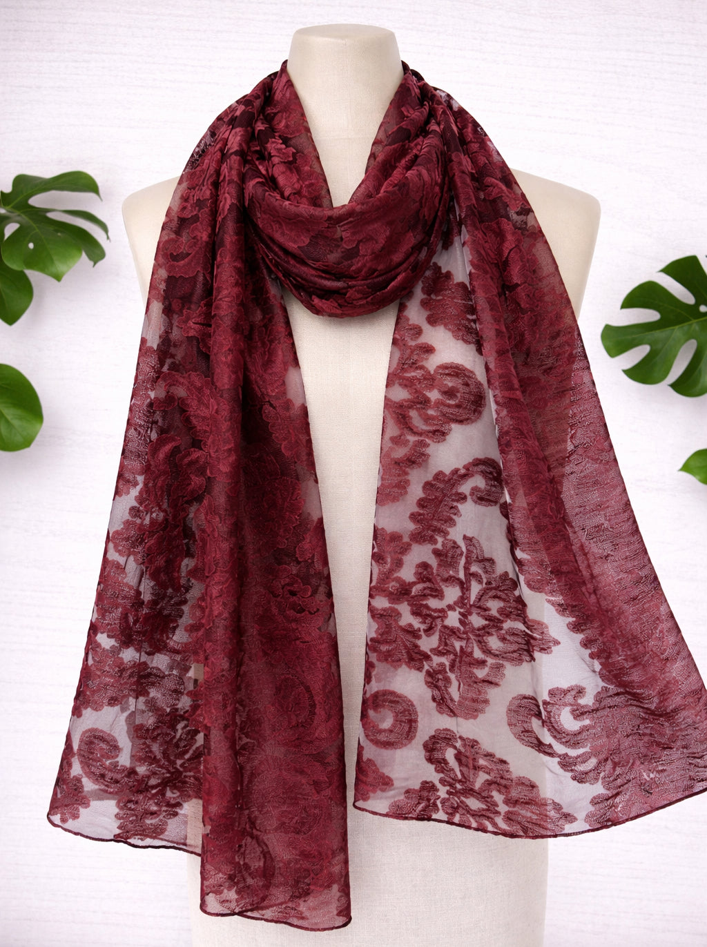 Burned Out Velour - Burgundy Scarf