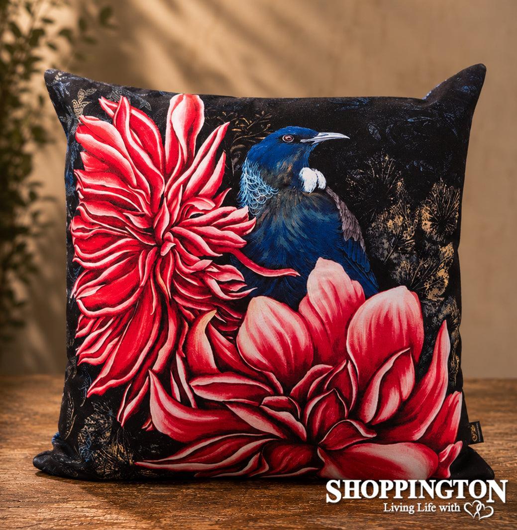 Cushion - NZ Print - Tui in the Dahlias - Anita Madhav