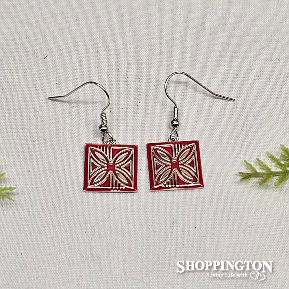Earrings - Square Pasifika Pattern Red