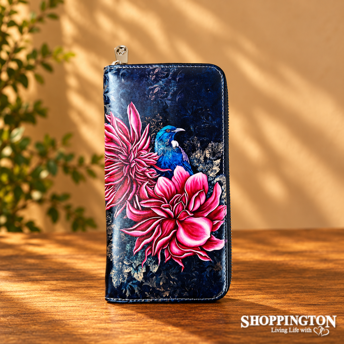 Leather NZ Print Wallet - Tui In Dahlia's Long Zip - Anita Madhav