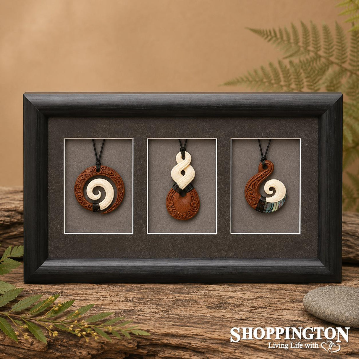 Framed Maori Art Work - Wood and Bone