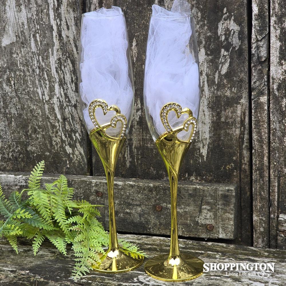 Gold Binding Hearts Wedding Flutes - Wine Glasses