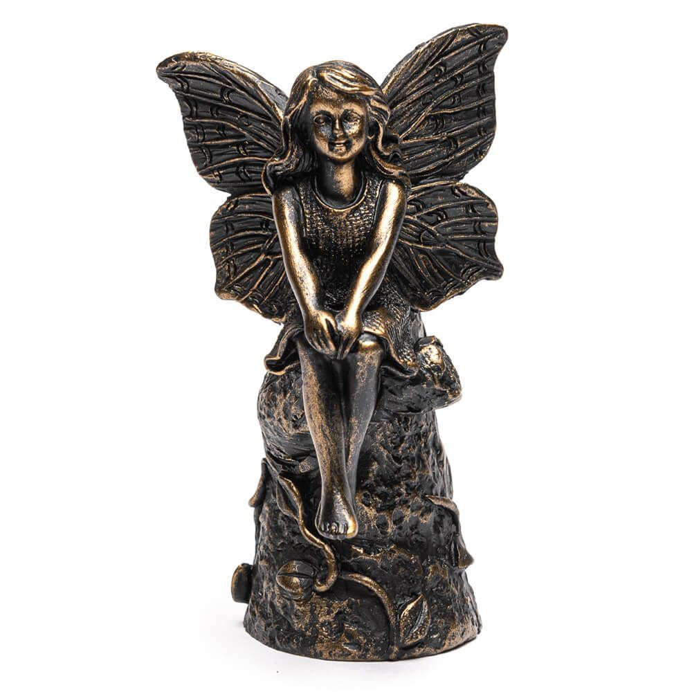 Plant Stake Topper: Antique Bronze Fairy Sitting On Tree Stump