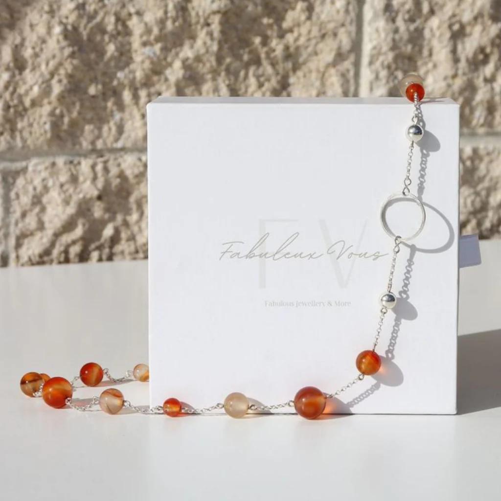 La Pierre - Carnelian Orange Sterling Silver Short Necklace