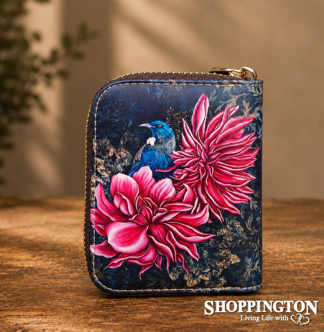 Leather NZ Print Card Wallet - Tui In Dahlia's - Anita Madhav
