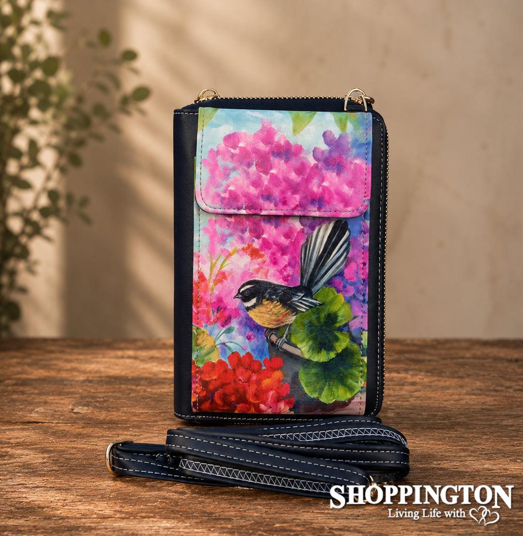 Leather NZ Print Cellphone Shoulder Bag - Fantail Floral