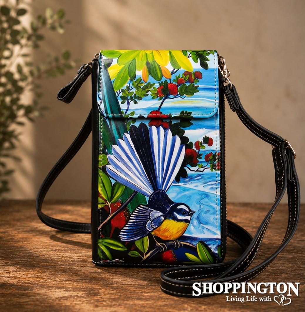 Leather NZ Print Cellphone Shoulder Bag - Ocean Fantail - Irina Velman