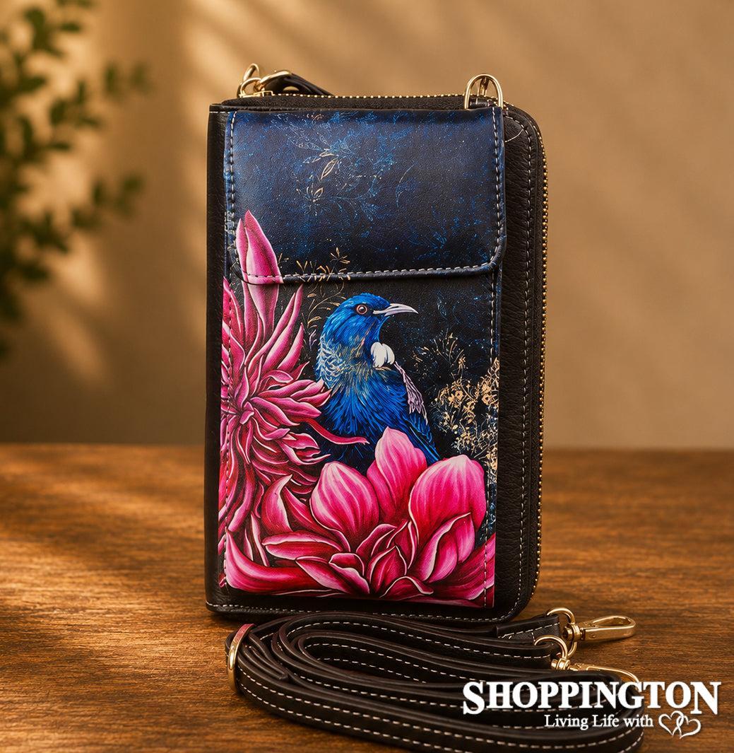 Leather NZ Print Cellphone Shoulder Bag - Tui In Dahlia's - Anita Madhav