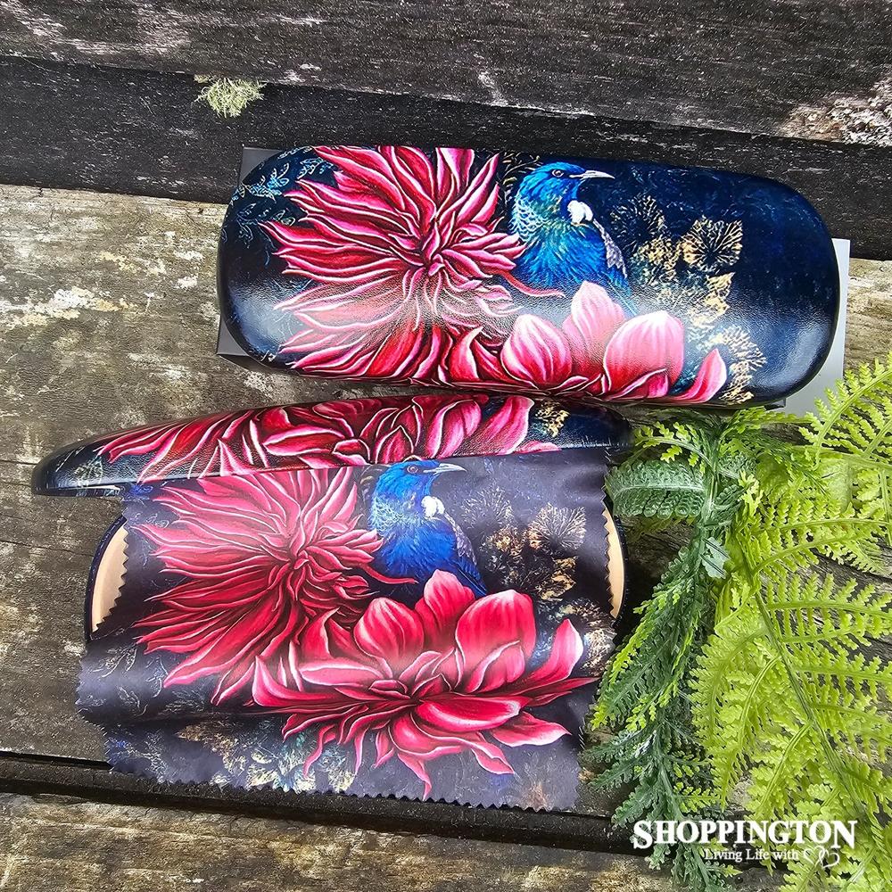 Leather NZ Print Glasses Case - Tui In Dahlia's - Anita Madhav