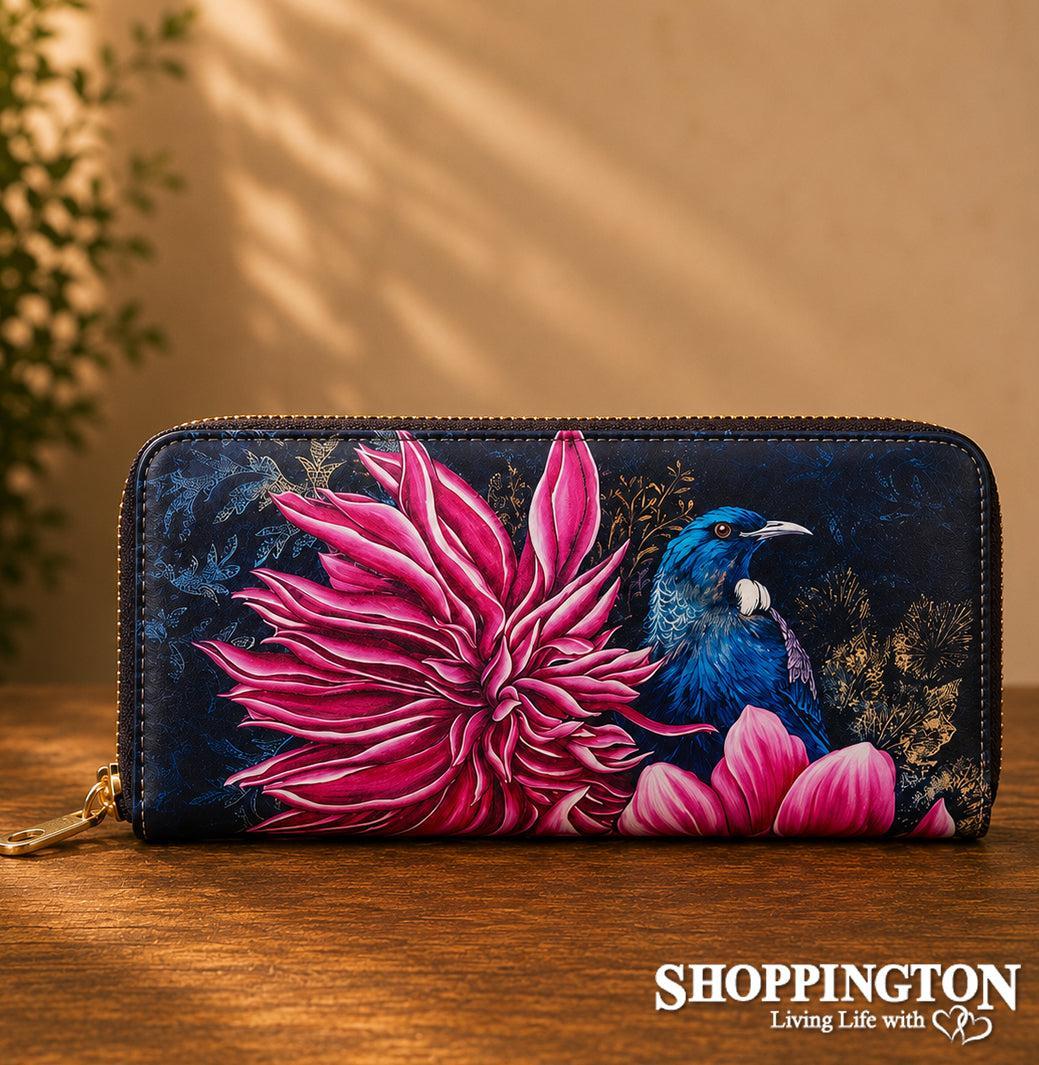 Leather NZ Print Long Wallet - Tui In Dahlia's - Anita Madhav